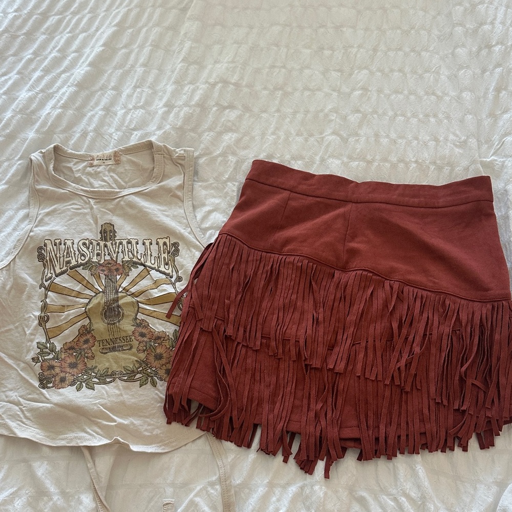 Altar'd State Terracotta Fringed Mini Skirt
